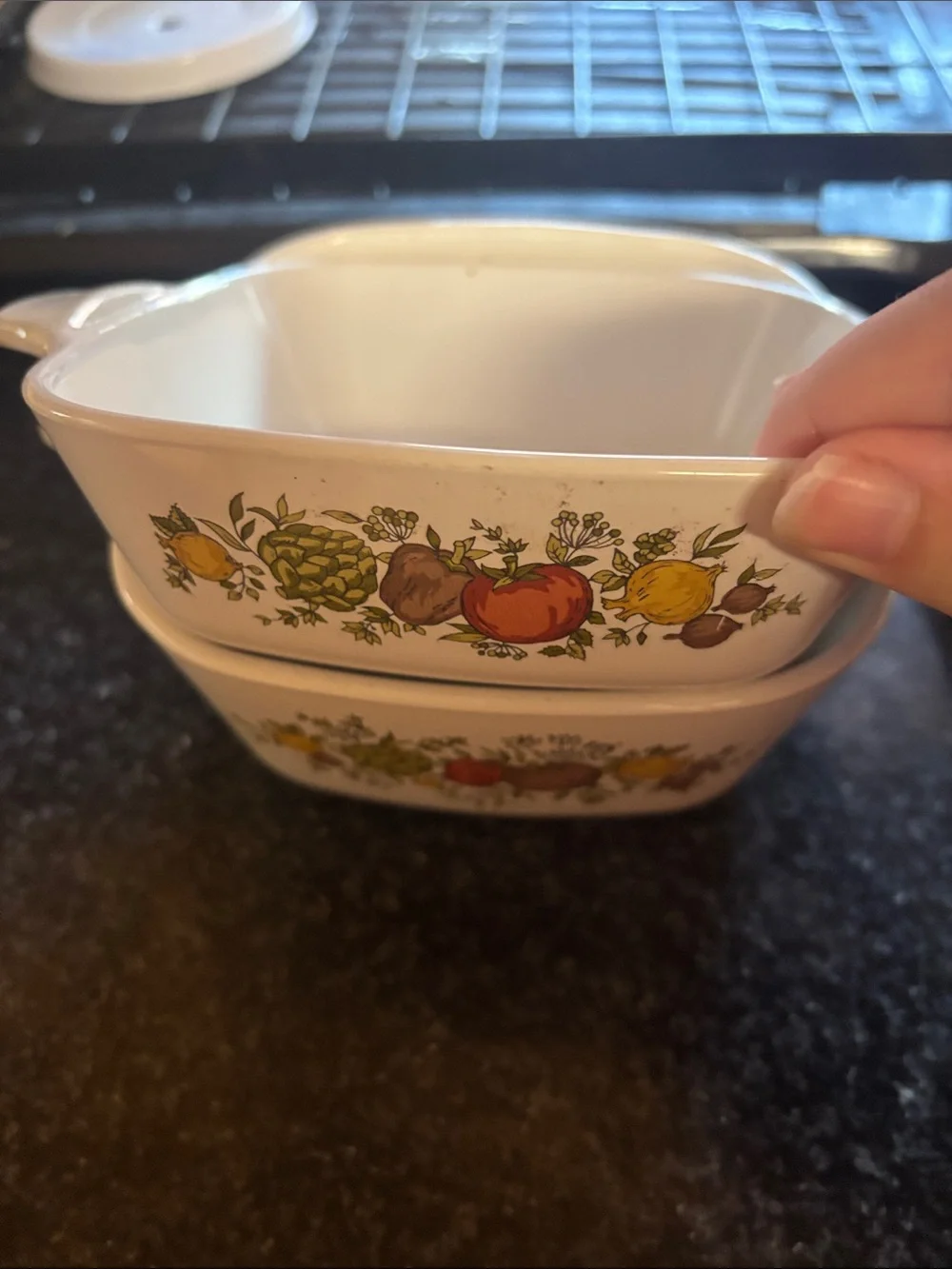 White Ceramic Fruit-Pattern Baking Dish (Set of 2) corning ware!